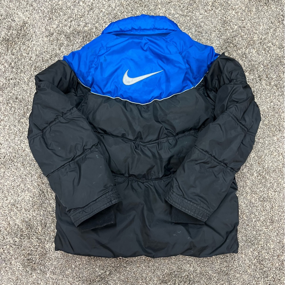 Vintage Nike puffer‎ coat boys medium 10-12 black blue swoosh heavy jacket y2k